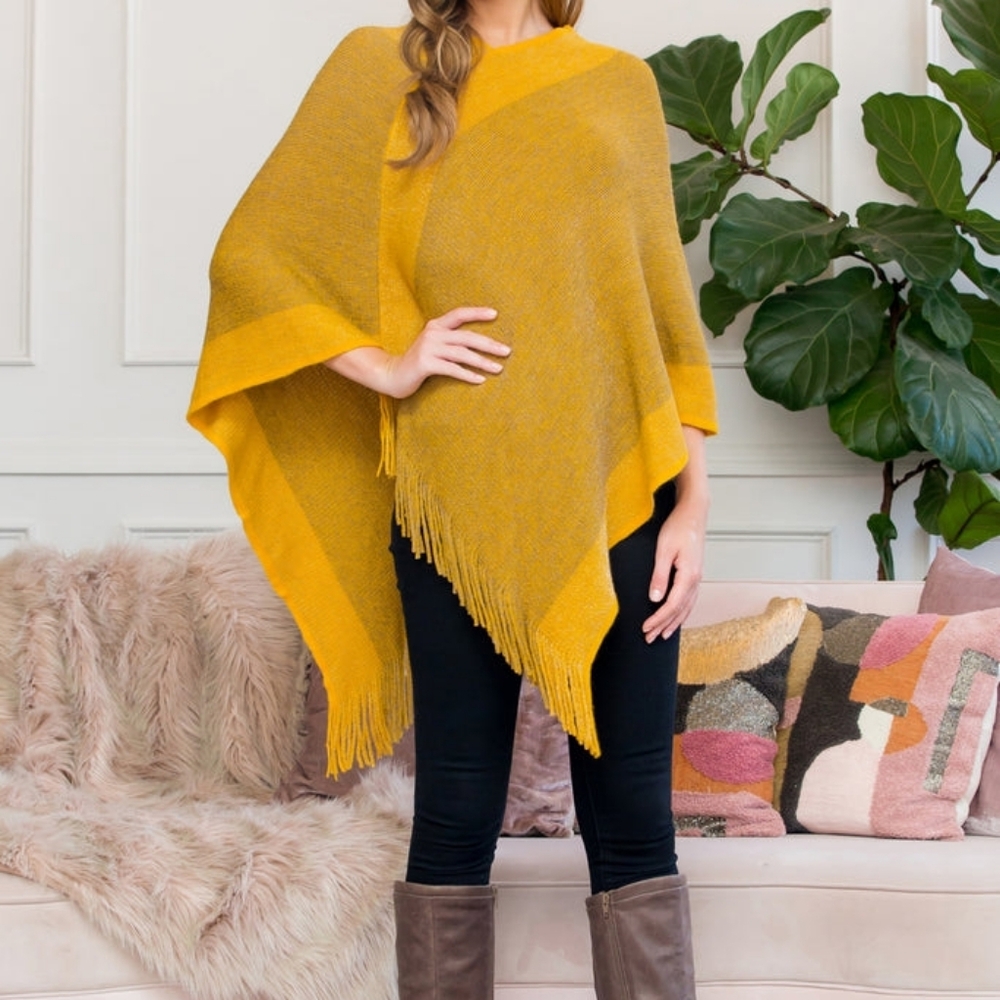 LIKE NEW Amazon Two-Tone Mustard Yellow Acrylic Fringe Poncho One Size